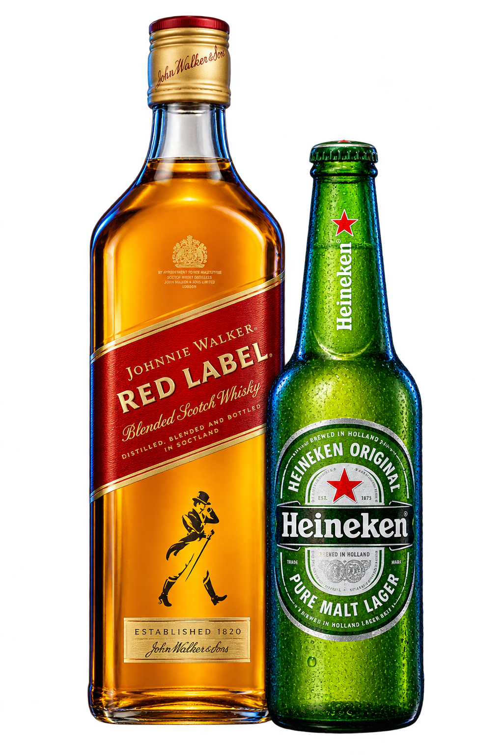 Garrafa de whisky Red Label e cerveja Heineken long neck